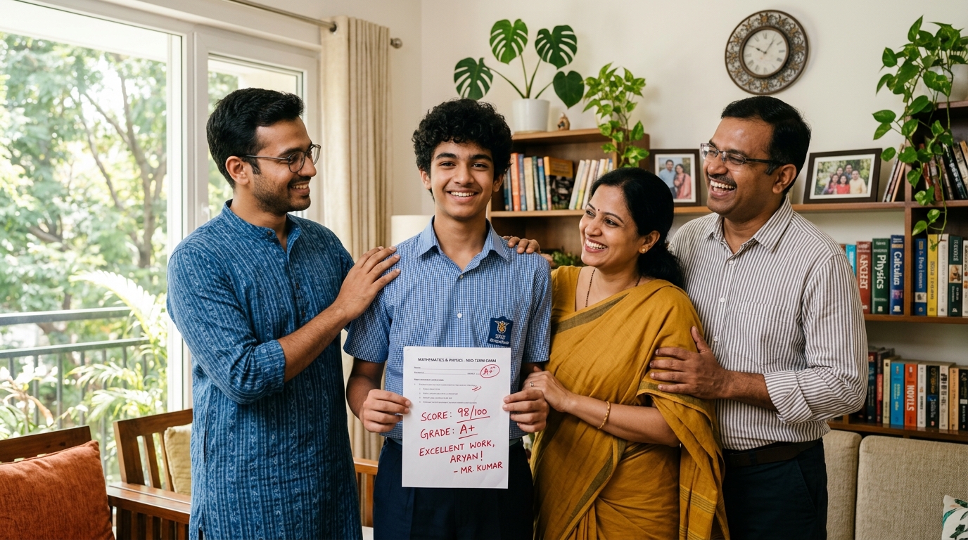 Indian high school student celebrating Math and Physics exam confidence